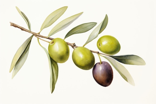 a painting of a branch of olives with leaves.