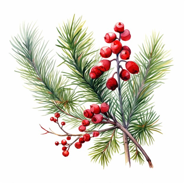 a painting of a branch of a pine with berries and pine needles generative ai