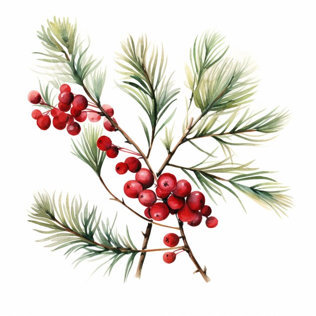 a painting of a branch of a pine with red berries generative ai