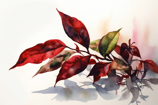 A painting of a branch of red and green leaves.