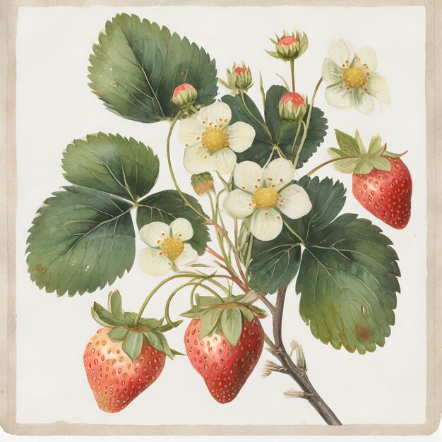 Foto pittura di un ramo di fragole con fiori su uno sfondo bianco