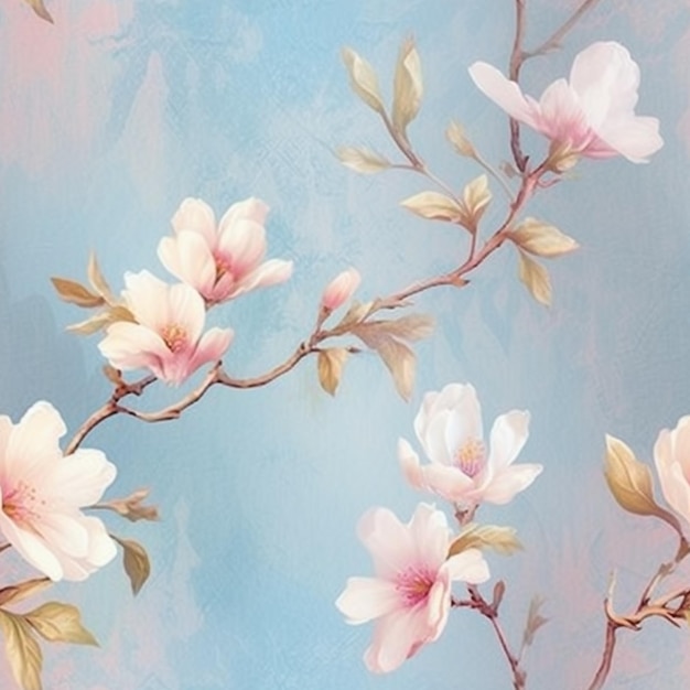 Photo painting of a branch of a tree with pink flowers against a blue sky generative ai