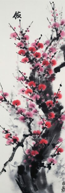 A painting of a branch of a tree with pink flowers