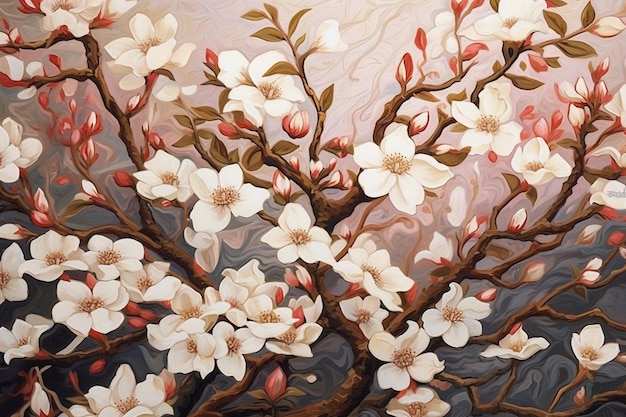 A painting of a branch of a tree with white flowers.