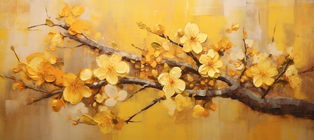 painting of a branch of a tree with yellow flowers on it generative ai