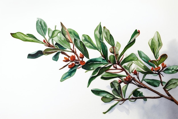 A painting of a branch with green leaves and red berries.