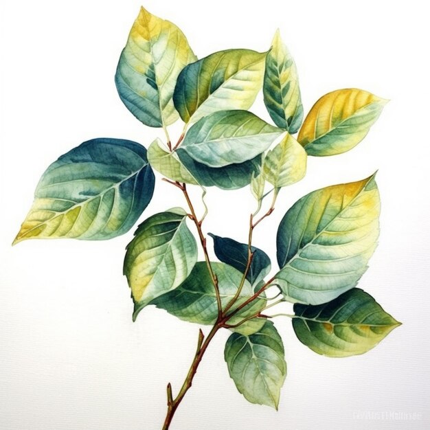 Photo painting of a branch with green leaves on a white background generative ai