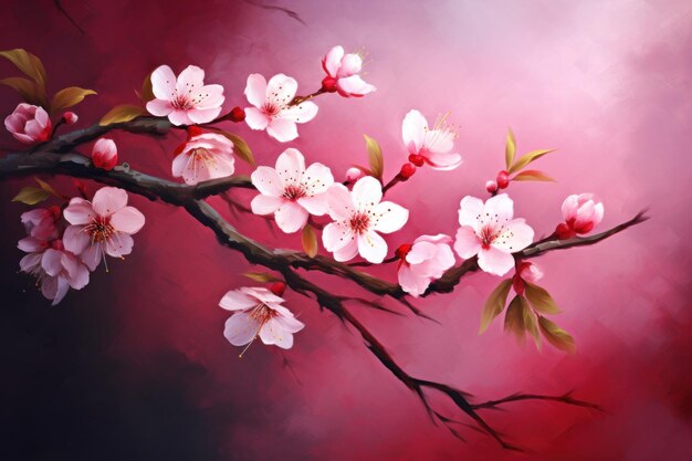 A painting of a branch with pink flowers