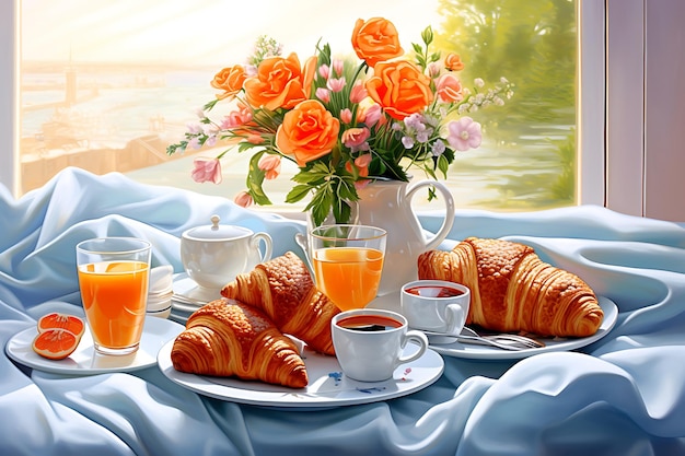 A painting of a breakfast with a croissant and a basket of orange juice