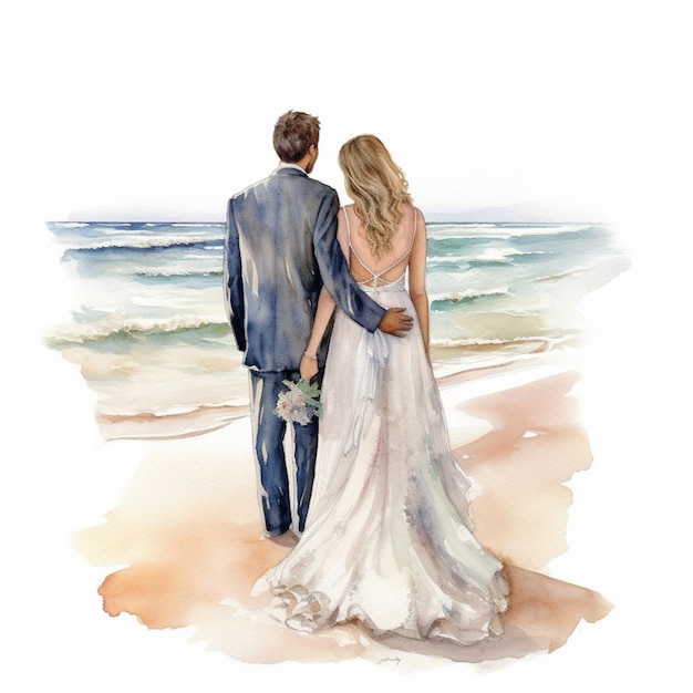 Painting of a bride and groom walking on the beach generative ai