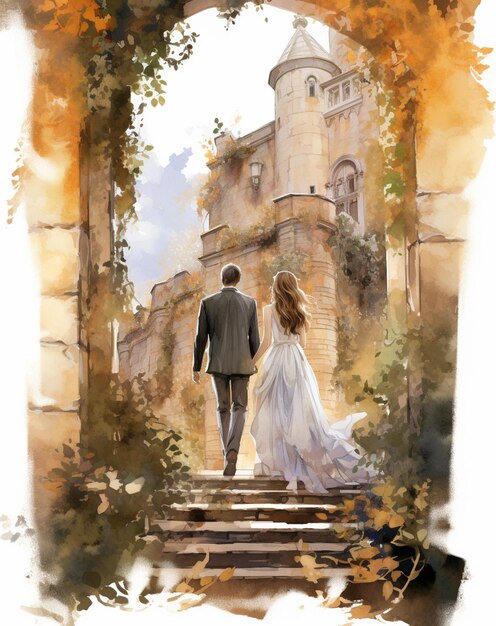 painting of a bride and groom walking down a set of stairs generative ai