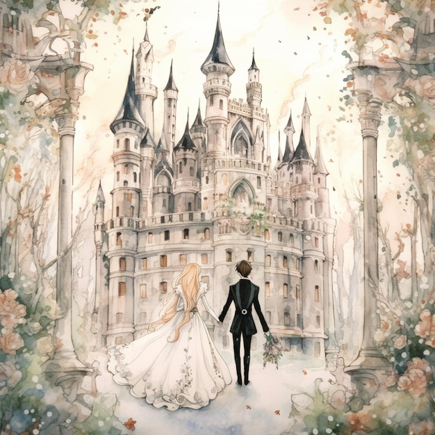 A painting of a bride and groom walking in front of a castle.
