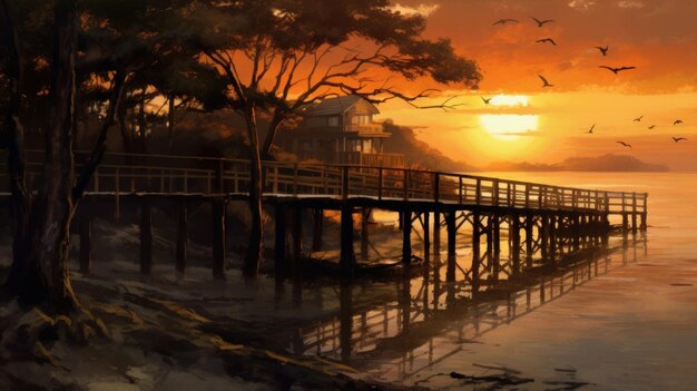 A painting of a bridge over a body of water with a sunset in the background.