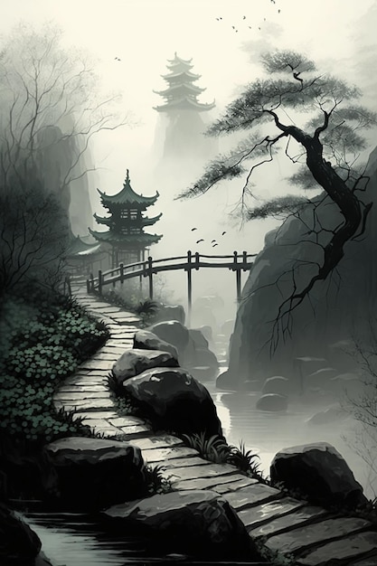 A painting of a bridge and a bridge in the fog