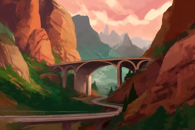 A painting of a bridge in a canyon.