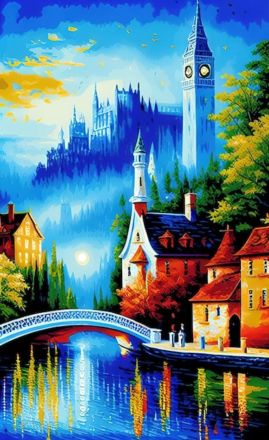 A painting of a bridge and a castle with a castle on the top.