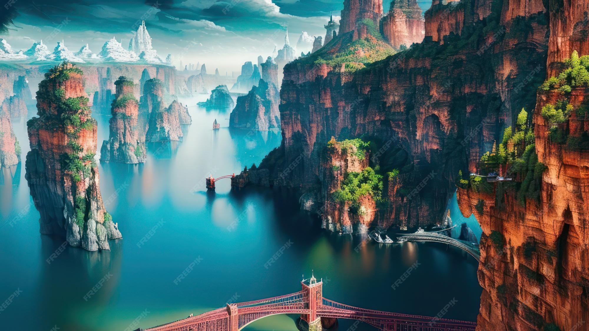 Premium AI Image A painting of a bridge over a lake with a mountain