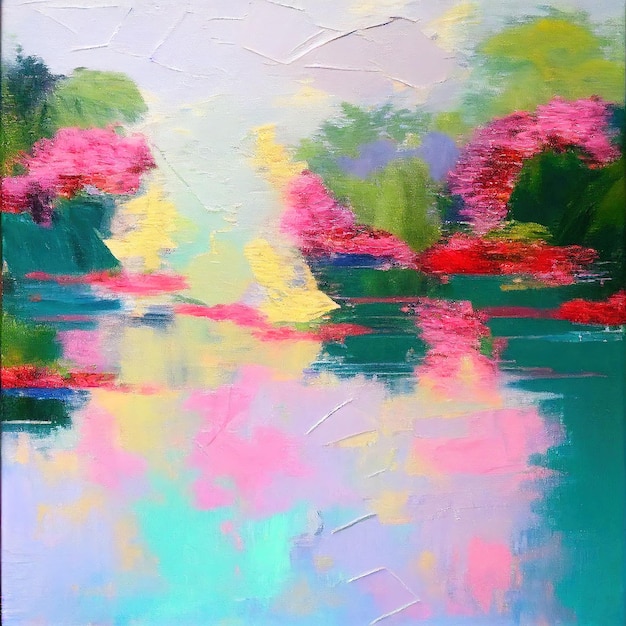 a painting of a bridge over a lake with trees and flowers in the background.