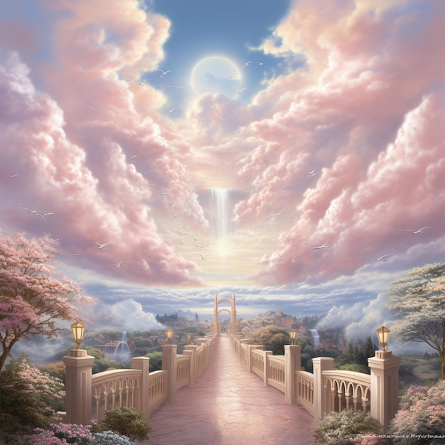 painting of a bridge leading to a beautiful sky with a sun generative ai