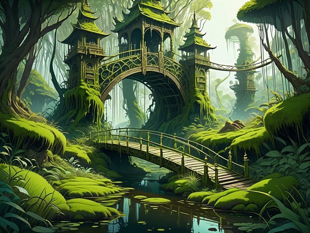 a painting of a bridge in the middle of a forest