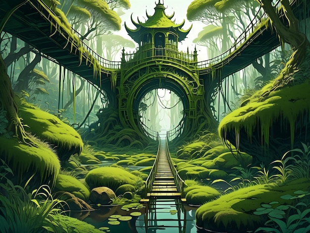 a painting of a bridge in the middle of a forest