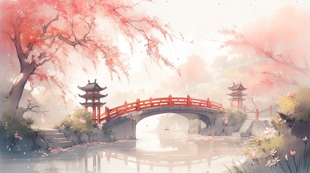 Painting of a bridge over a pond with a red bridge generative ai