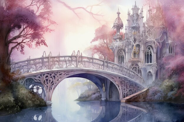 painting of a bridge over a river with a castle in the background generative ai