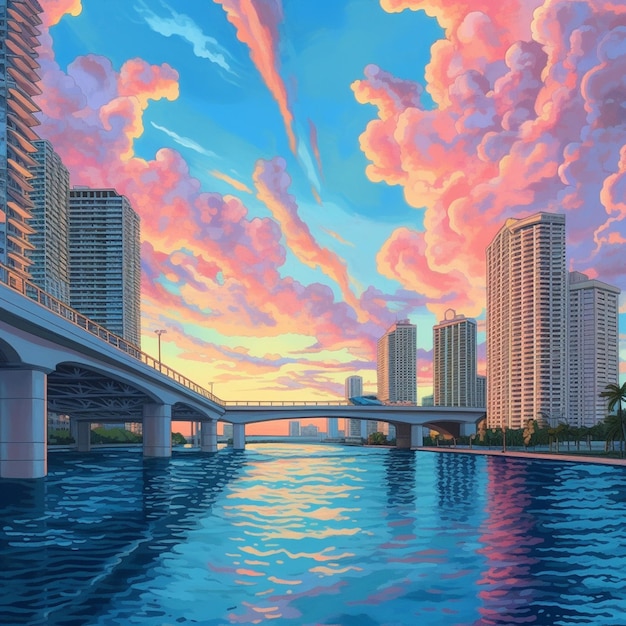 Painting of a bridge over a river with a city in the background generative ai