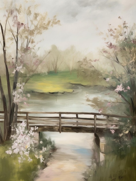 Painting of a bridge over a river with a field in the background generative ai