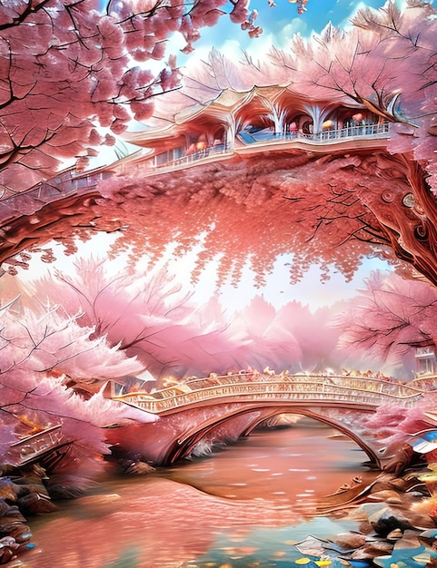 背景にガゼルが描かれた川の橋の絵