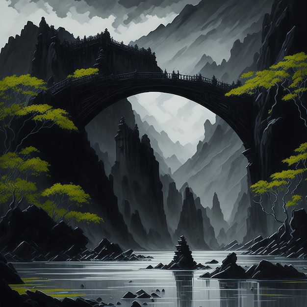 A painting of a bridge over a river with mountains in the background.