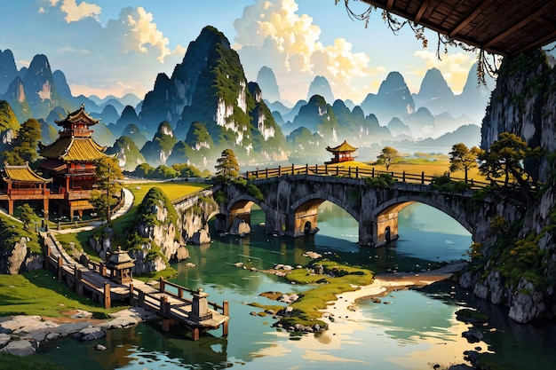 A painting of a bridge over a river with mountains in the background.