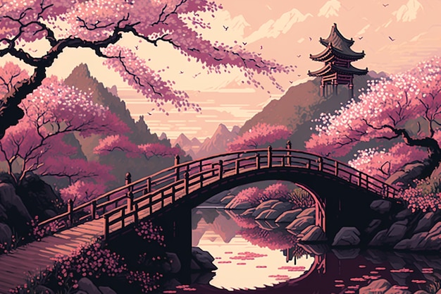 A painting of a bridge over a river with a pink flowered bridge in the background.