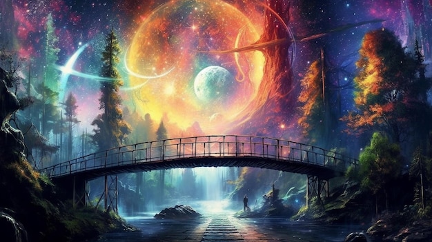 a painting of a bridge over a river with a planet in the background generative ai