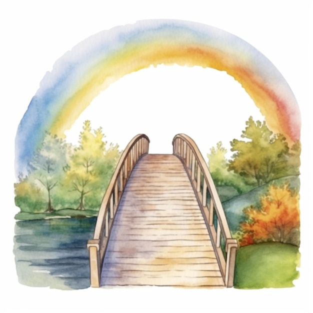 A painting of a bridge over a river with a rainbow in the background generative ai