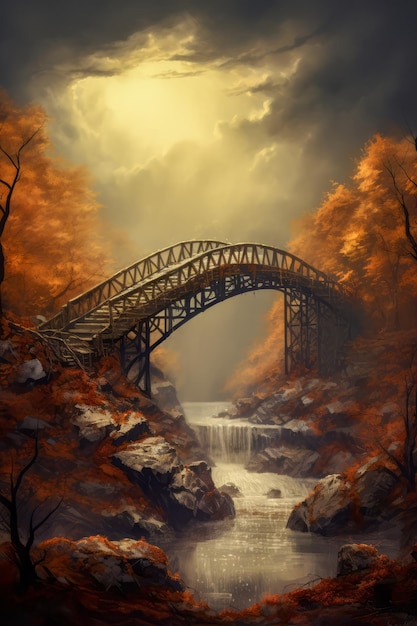 Painting of bridge over river with waterfall below Generative AI