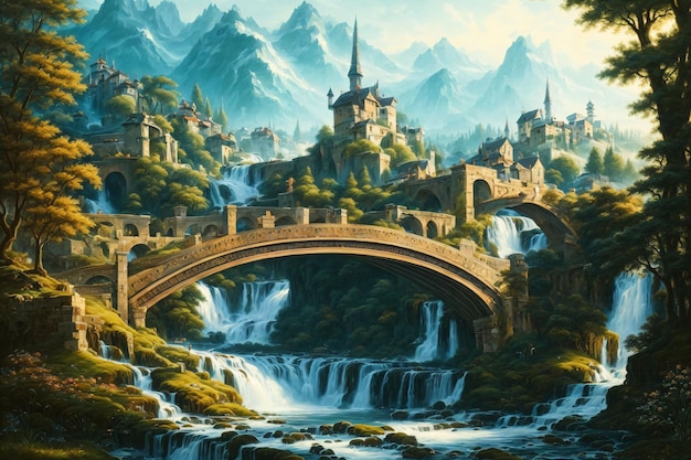 A painting of a bridge over a river with a waterfall and mountains in the background.