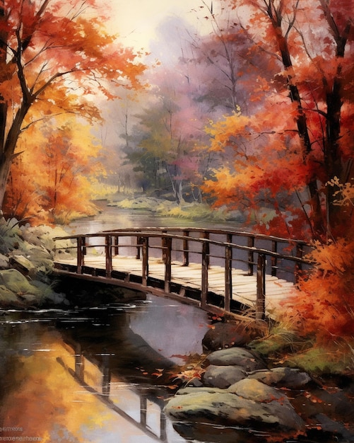 painting of a bridge over a stream in a forest with trees generative ai
