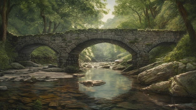 A painting of a bridge over a stream with the name of the artist.