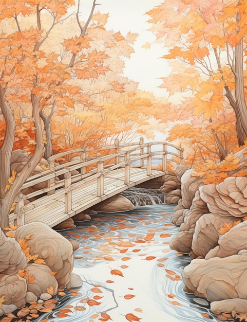 painting of a bridge over a stream in a wooded area generative ai