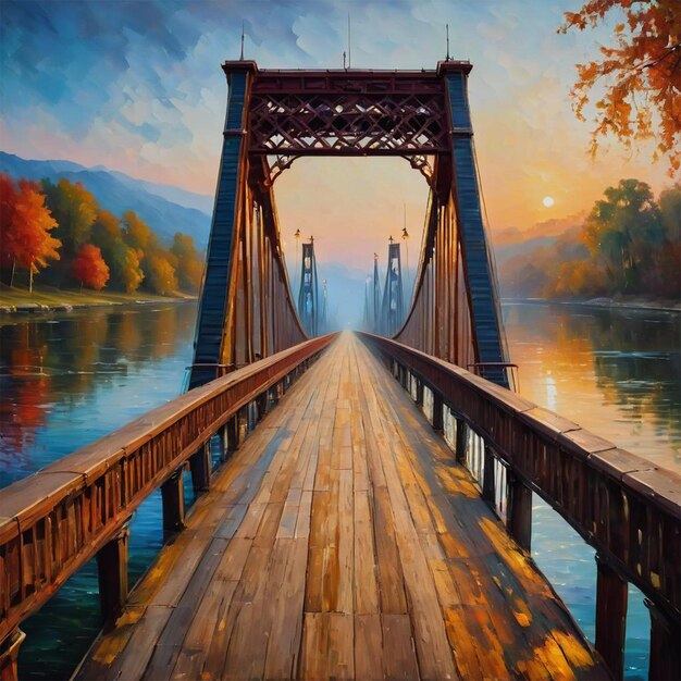 Photo a painting of a bridge that build on the river