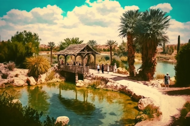 A painting of a bridge that has a palm tree in the middle.