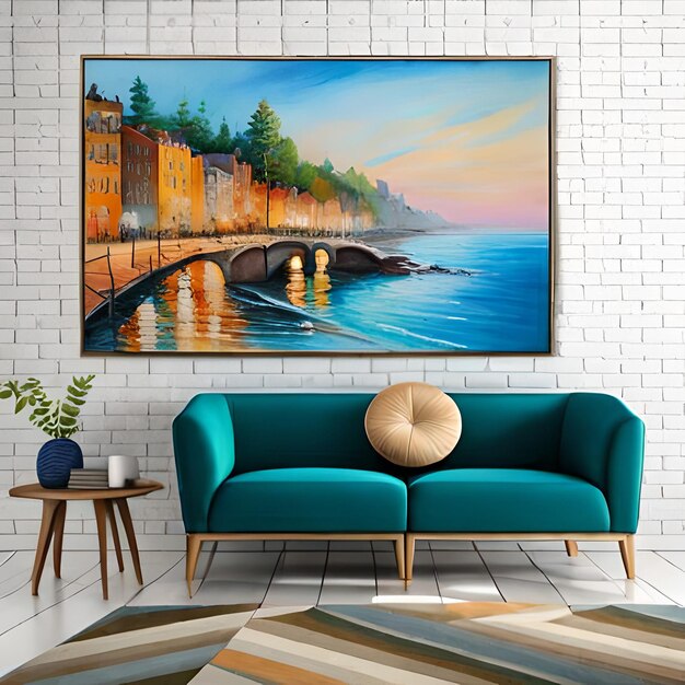 A painting of a bridge on a wall with a couch and a plant on it.