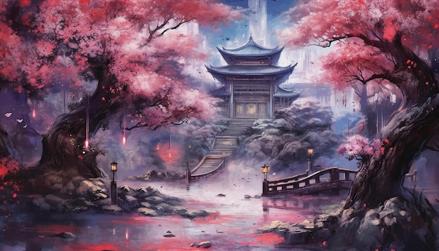 A painting of a bridge with a bridge and a building with a pink flower in the middle.