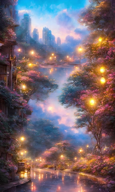 A painting of a bridge with lights on it