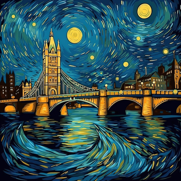 a painting of a bridge with a moon and stars in the sky