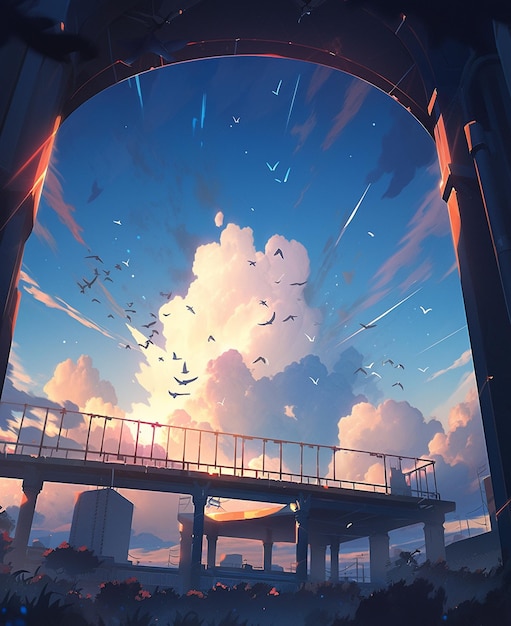 A painting of a bridge with a sky and clouds with a bird flying in the sky.