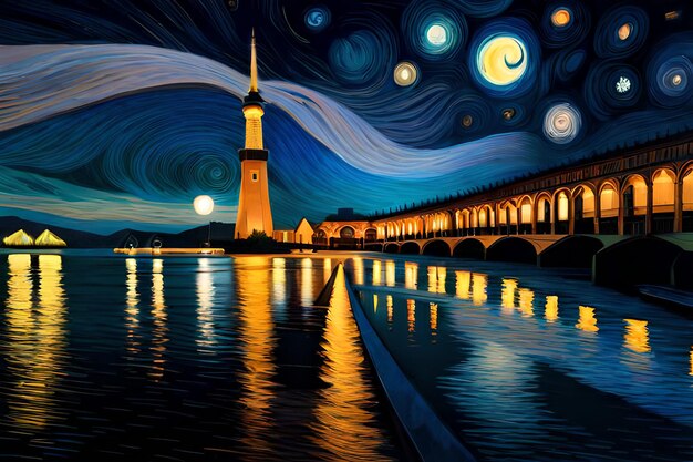 Foto un dipinto di un ponte con un cielo stellato sopra.