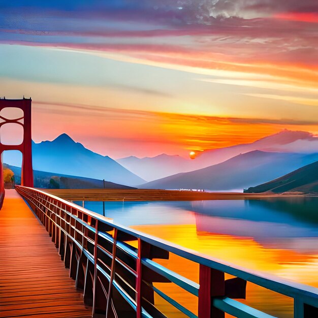 夕日を背景にした橋の絵。