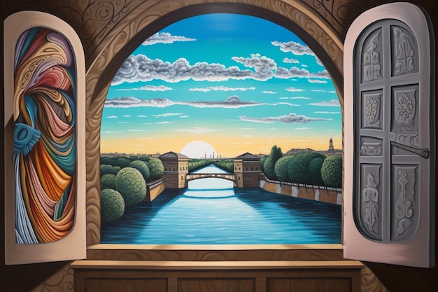 A painting of a bridge with a view of the water and the sun in the background.